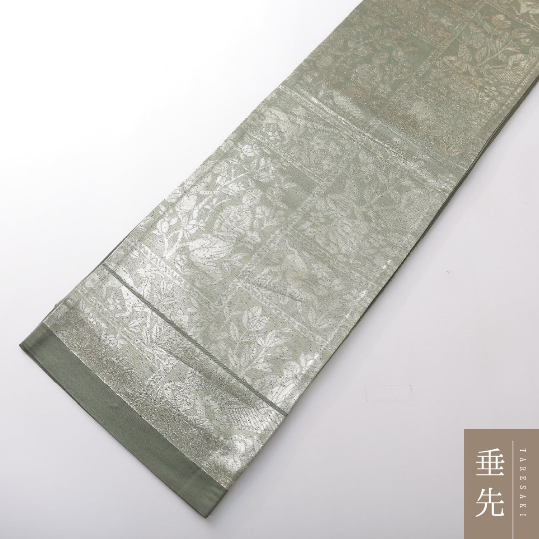 袋帯 帯丈432cm 正絹 六通 帯芯なし セミフォーマル 鹿野苑 仏教美術 緑系 1243-02129