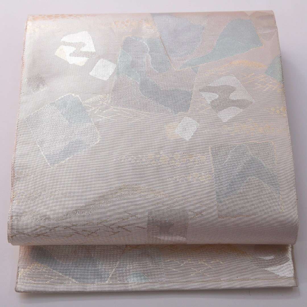 袋帯 帯丈444cm フォーマル 六通 Aランク 正絹 創作柄 銀系 ピンク系 1223-01975