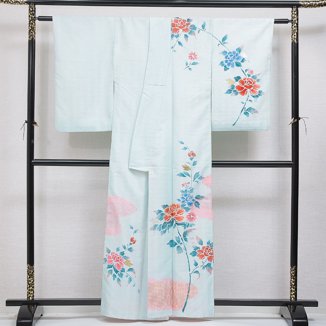 訪問着 袷 身丈159cm 裄丈63cm 正絹 Cランク セミフォーマル 広衿 Mサイズ 刺繍 牡丹 吉祥文様 水色系 LP 1217-15944