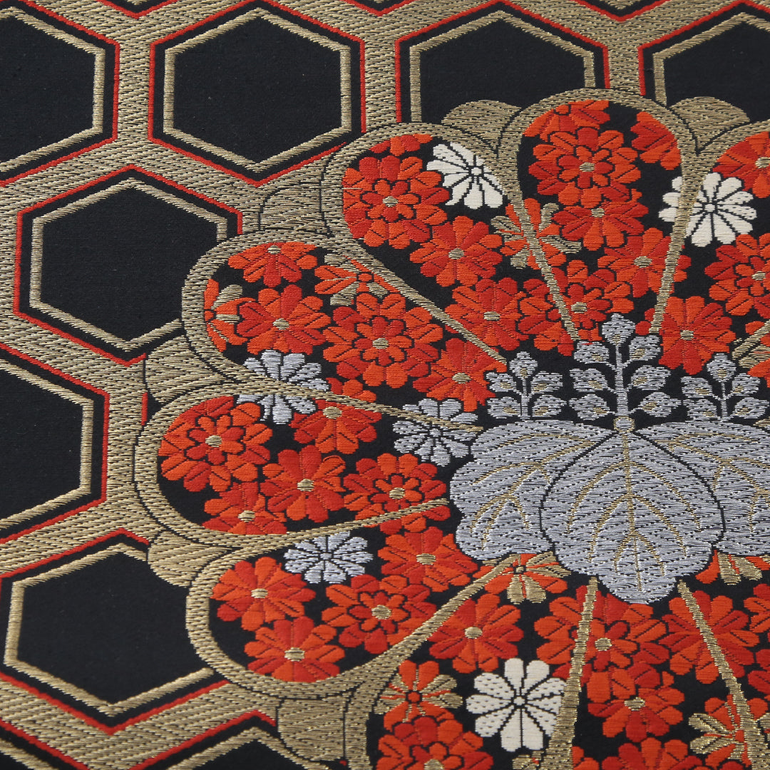 袋帯 帯丈400cm 正絹 六通 未仕立て フォーマル 亀甲 菊 古典柄 桐 黒系 1243-02179