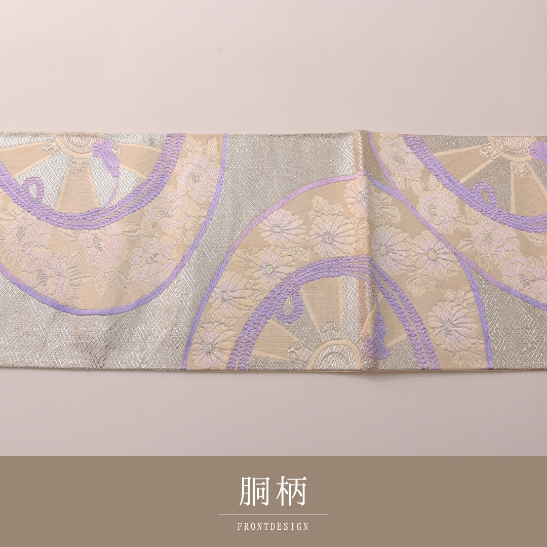 袋帯 帯丈428cm フォーマル 六通 Cランク 正絹 組紐 紗綾型 白系 銀系 1223-01901