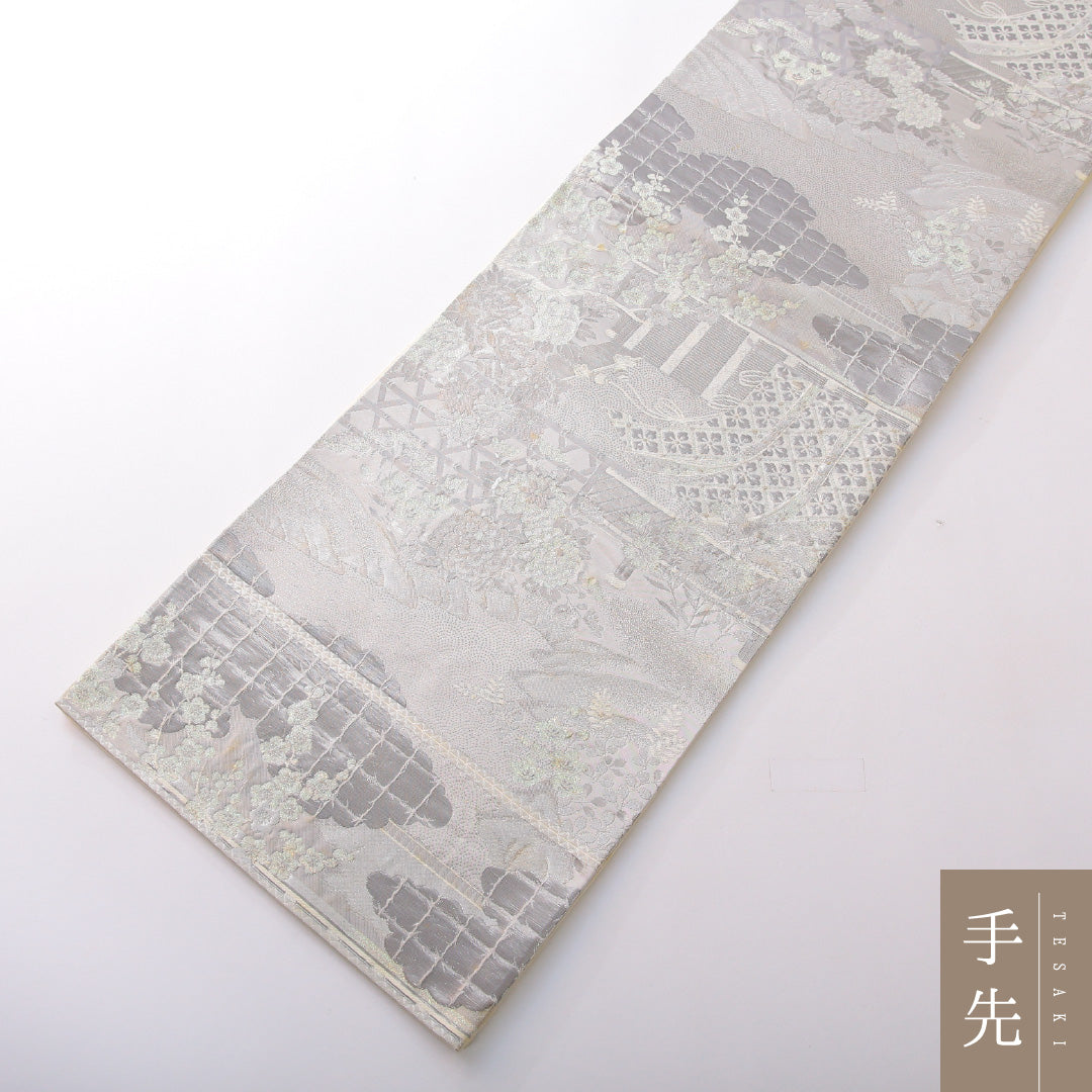 袋帯 帯丈424cm 正絹 六通 帯芯なし フォーマル 石庭 吉祥文様 クリーム系 銀系 1243-02146