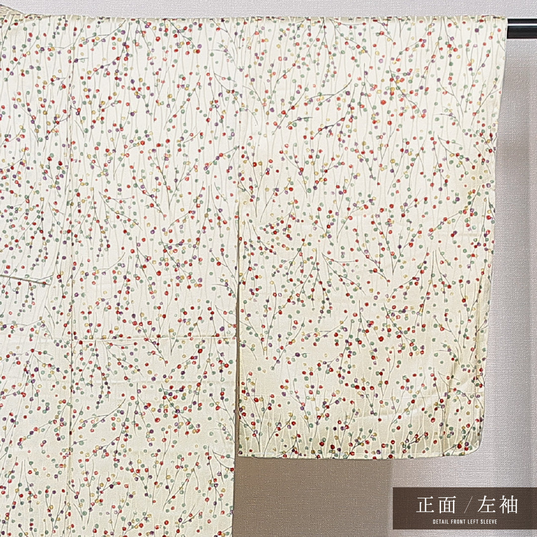 小紋 袷 身丈157cm 裄丈63cm 正絹 Sランク インフォーマル 広衿 Mサイズ 植物柄 クリーム系 RP 1221-15641