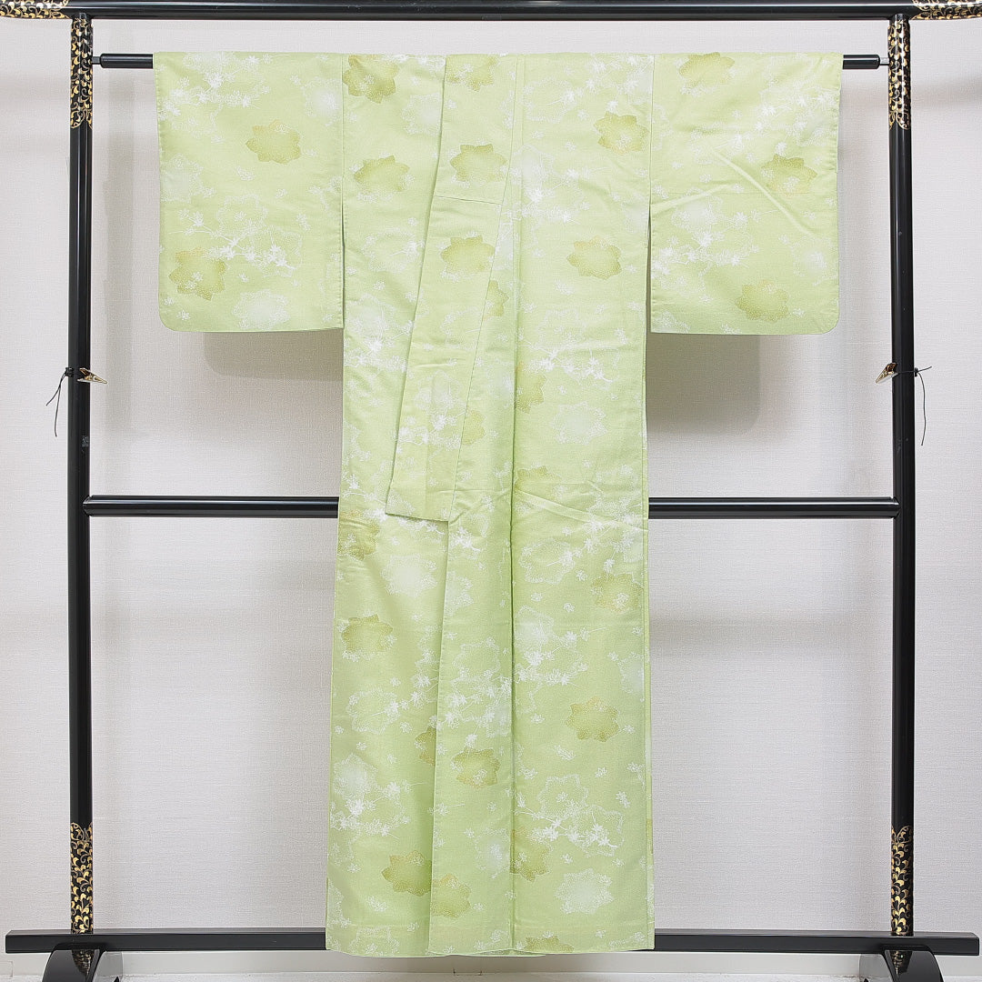 小紋 洗える着物 袷 身丈154cm 裄丈63cm ポリエステル Cランク Sサイズ 広衿 インフォーマル 楓 緑系 1215-16257