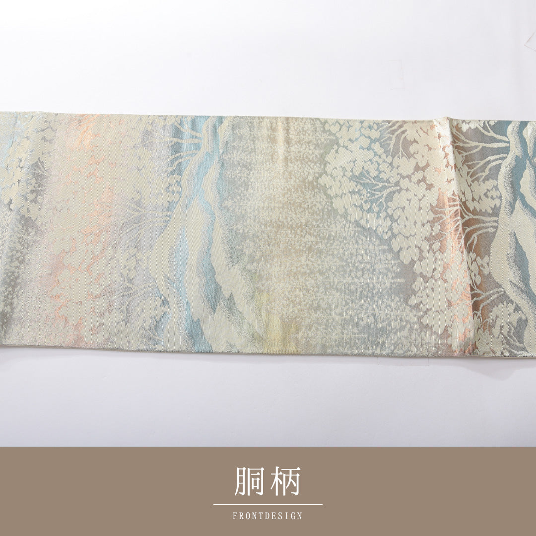 袋帯 帯丈414cm 正絹 六通 セミフォーマル 木立 クリーム系 1243-02172
