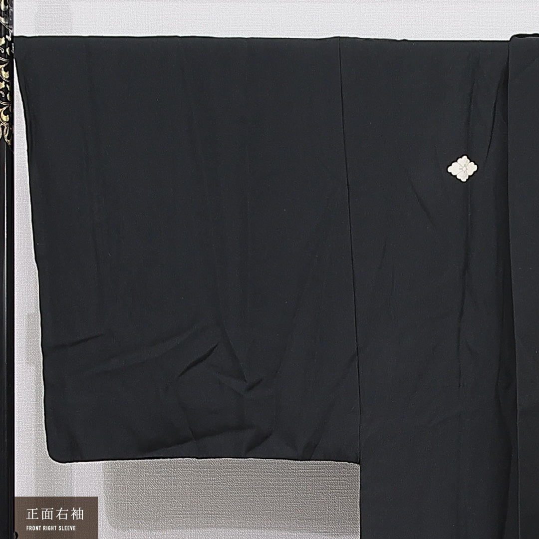羽織 男性用 袷 身丈94cm 裄丈72cm 正絹 Cランク 五つ紋 (花菱) フォーマル XLサイズ 紐あり 無地 黒系 LP 1235-15769