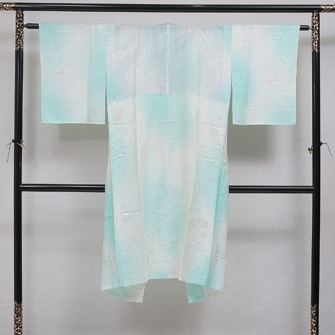 長襦袢 無双袖 身丈126cm 裄丈62cm 正絹 Sランク Mサイズ 牡丹 素朴 しとやか 緑系 RP 1239-16486