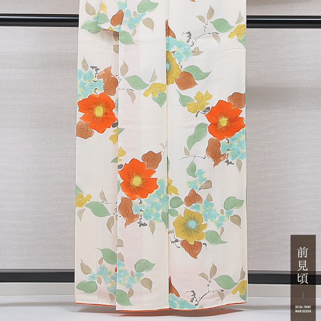 小紋 袷 身丈160cm 裄丈64cm 正絹 Sランク インフォーマル バチ衿 Lサイズ 紫陽花 椿 クリーム系 RP 1221-15595