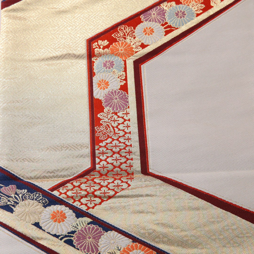 袋帯 帯丈432cm 正絹 六通 フォーマル 亀甲 吉祥文様 白系 金系 1243-01964