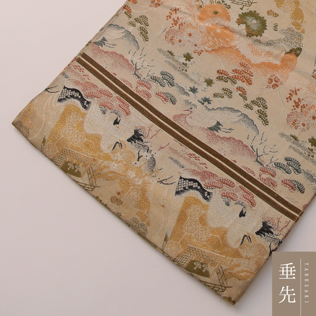 アンティーク 袋帯 帯丈400cm 全通 Cランク 正絹 御所解 松 クリーム系 金系 1223-01911