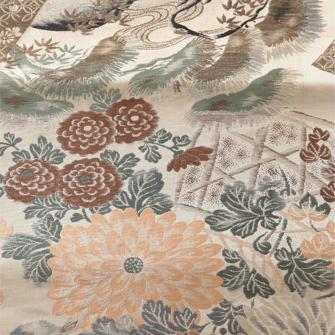 アンティーク 九寸名古屋帯 帯丈392cm 開き仕立て 全通 Aランク 正絹 鶴 菊 クリーム系 1224-03832