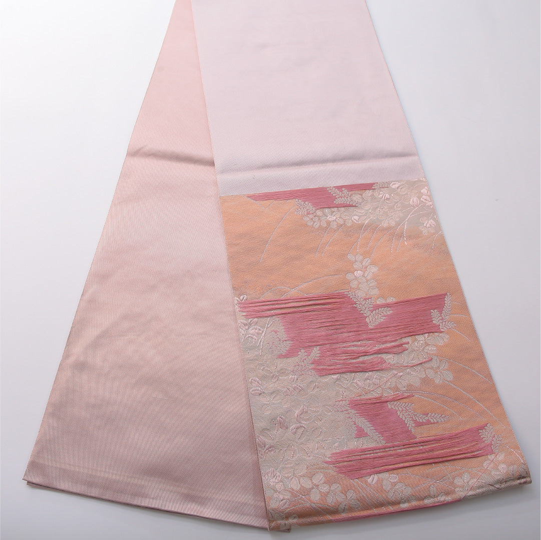 八寸名古屋帯 帯丈374cm カジュアル 開き仕立て 六通 Aランク 正絹 藤 ピンク系 紫系 1224-03492