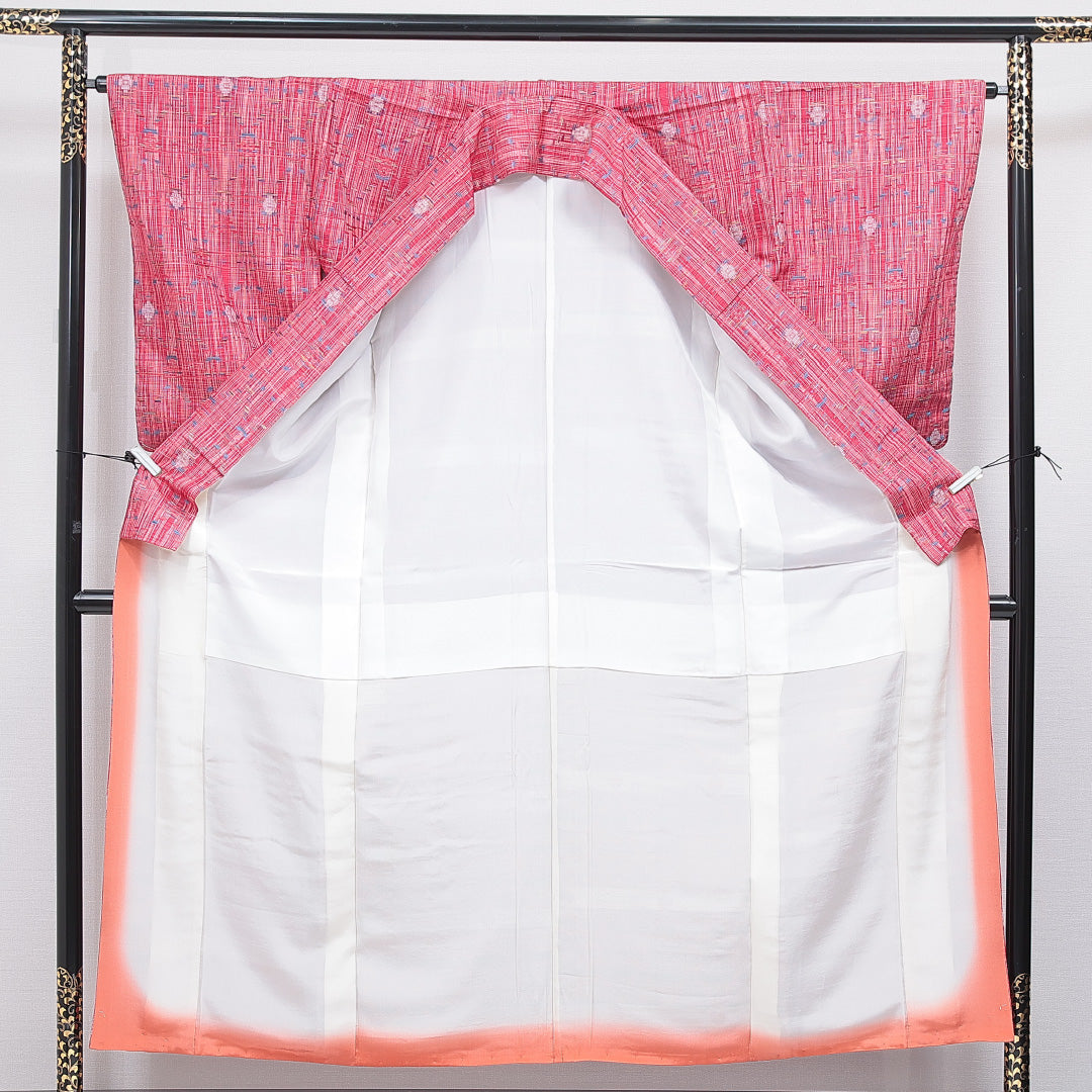 紬 袷 身丈153cm 裄丈64cm 正絹 Sランク Sサイズ 広衿 カジュアル 創作柄 ピンク系 1216-16663