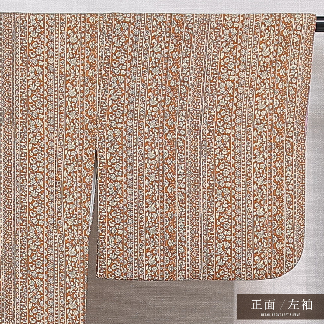 小紋 袷 身丈156cm 裄丈65cm 正絹 Dランク Mサイズ バチ衿 インフォーマル 更紗 花柄 茶系 1215-15710