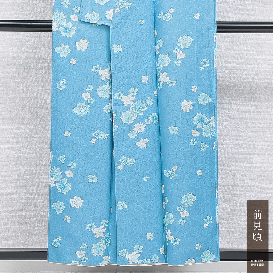 洗える着物 小紋 袷 身丈154cm 裄丈62cm ポリエステル Sランク 紋意匠 (亀甲) インフォーマル 広衿 Sサイズ 花柄 水色系 RP 1221-15955