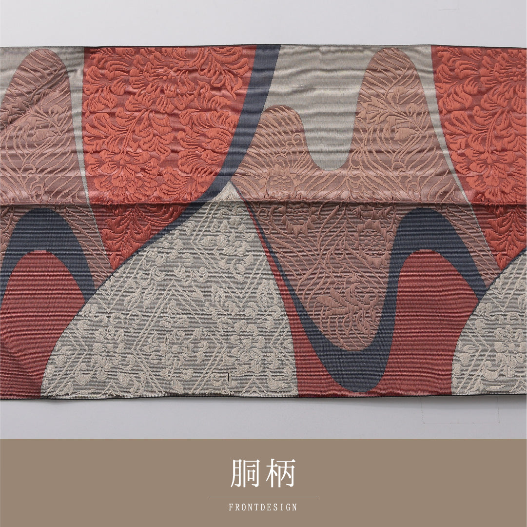 八寸名古屋帯 帯丈340cm セミフォーマル 松葉仕立て 六通 Cランク 正絹 流水 菊 金系 黒系 1224-03657