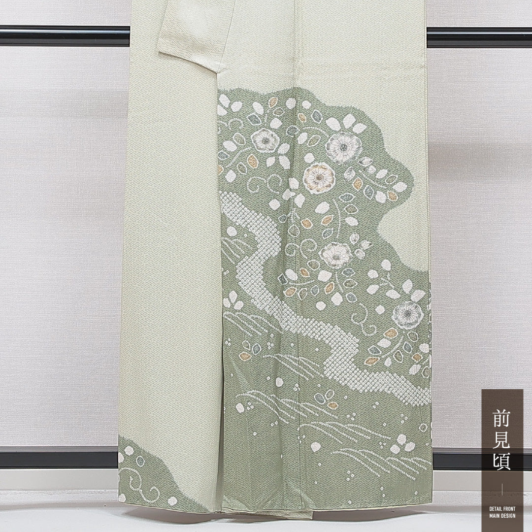 付下げ 袷 身丈160cm 裄丈63cm 正絹 Bランク 紋意匠 (紗彩形) インフォーマル 広衿 Lサイズ 辻が花 緑系 RP 1218-15729