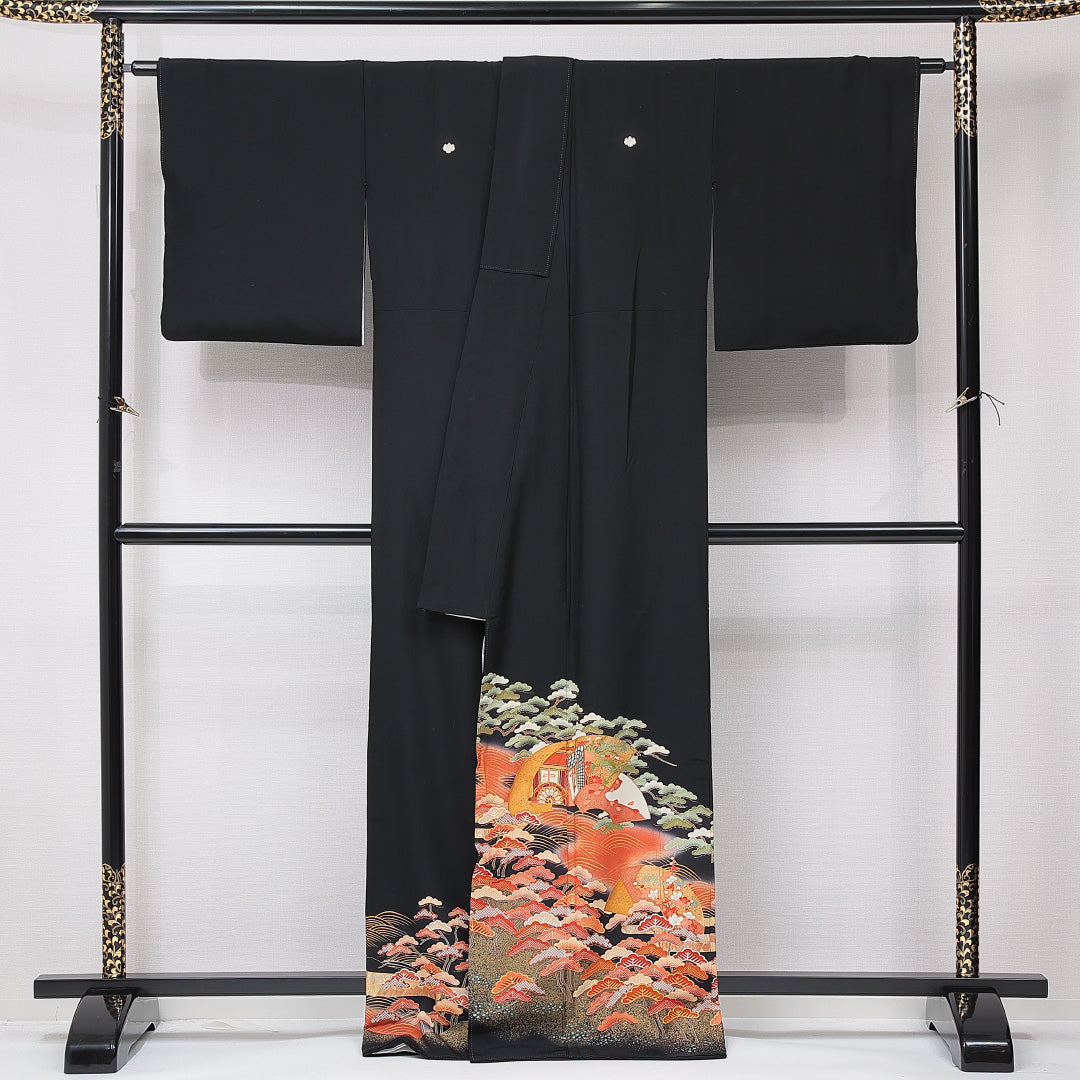 黒留袖 袷 身丈165cm 裄丈66cm 五つ紋 五三桐 フォーマル Aランク XLサイズ 正絹 比翼仕立て 広衿 御所車 扇 松 1211-F0655