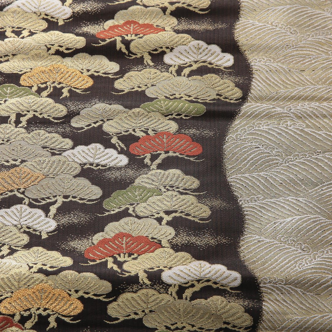 九寸名古屋帯 帯丈338cm インフォーマル 名古屋仕立て 六通 Sランク 正絹 波頭 笠松 茶系 黒系 1224-03915