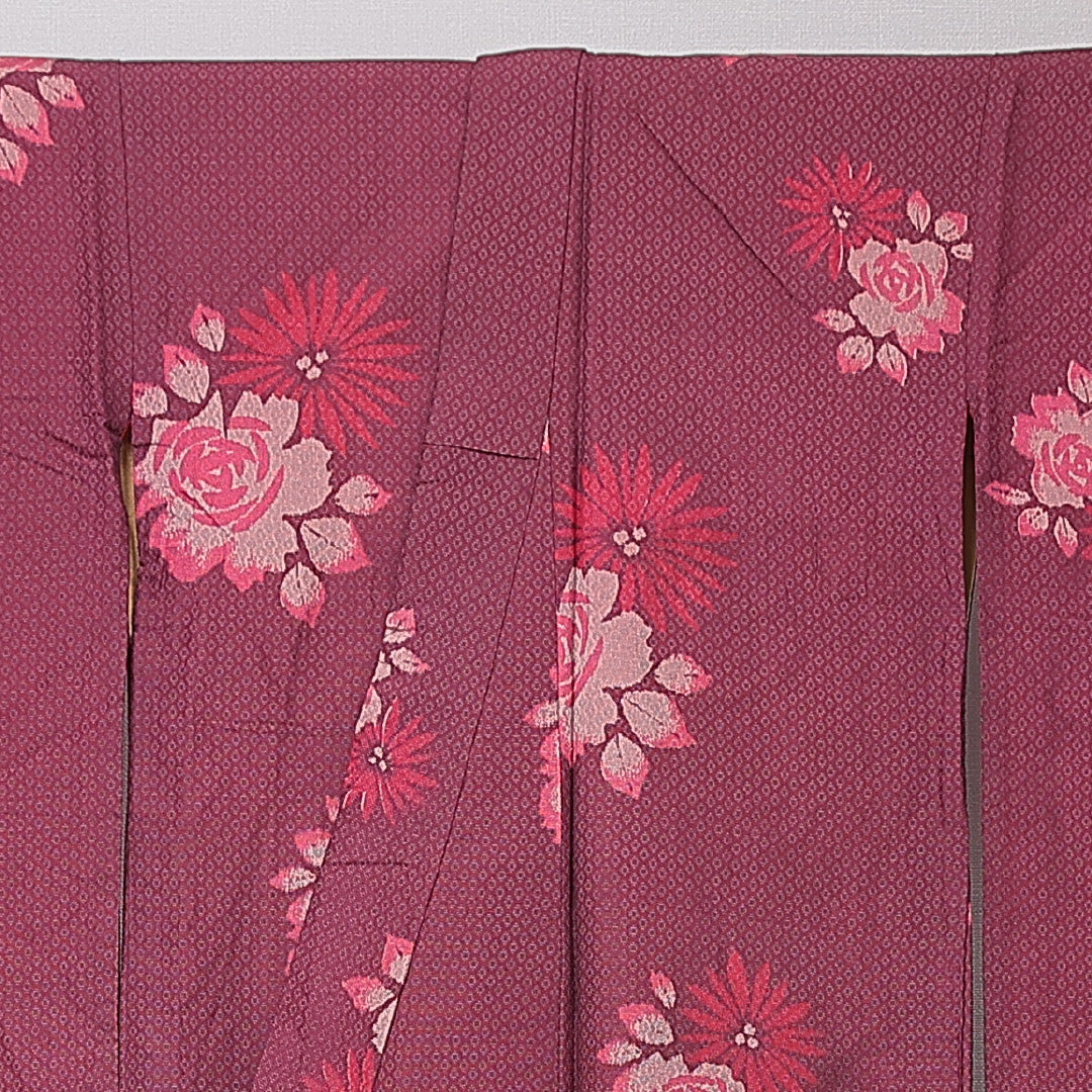 アンティーク お召 袷 身丈147cm 裄丈62cm 正絹 Aランク バチ衿 XSサイズ 薔薇 赤系 M4 1222-15141