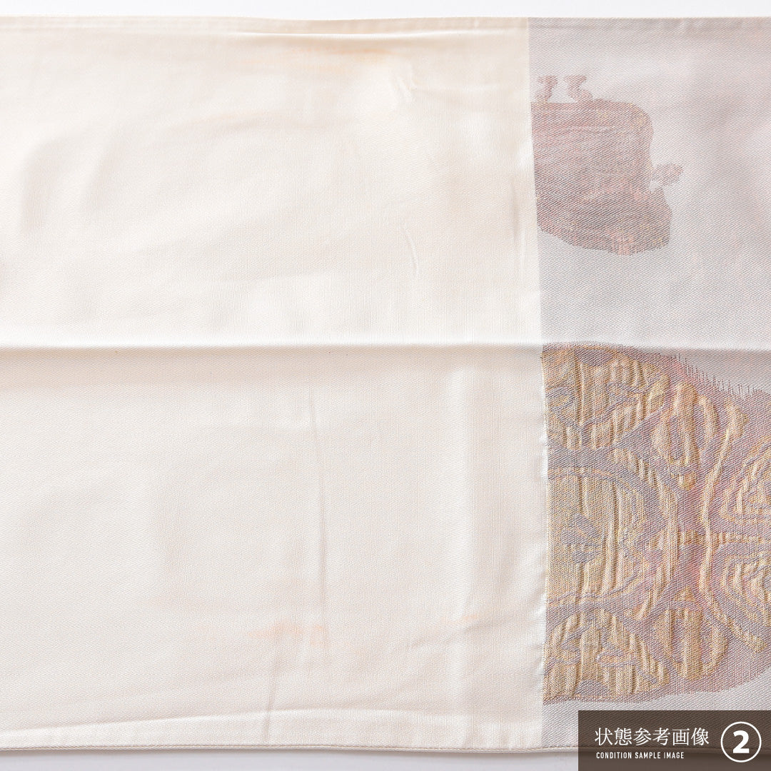 袋帯 帯丈416cm 正絹 六通 帯芯なし インフォーマル ふくれ織 創作柄 ピンク系 1243-02171