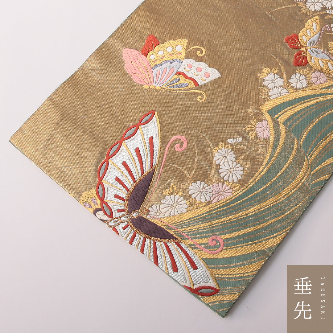 振袖用 袋帯 帯丈428cm 正絹 六通 帯端のみ未仕立て 蝶 吉祥文様 金系 1243-01808