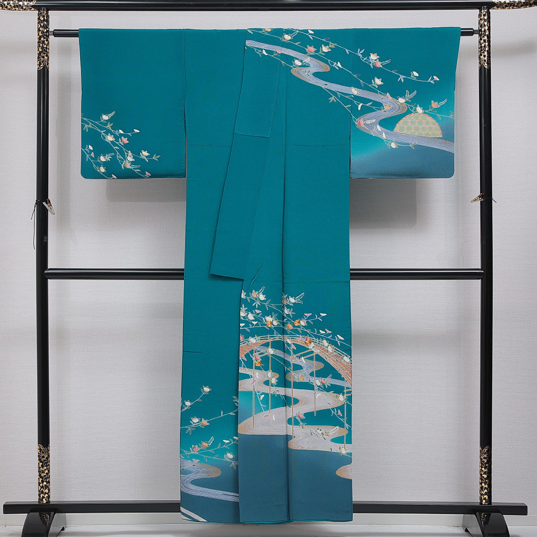 訪問着 洗える着物 袷 身丈156cm 裄丈65cm ポリエステル Sランク Mサイズ 広衿 セミフォーマル 流水 橘 金駒刺繍 緑系 青系 1212-16086