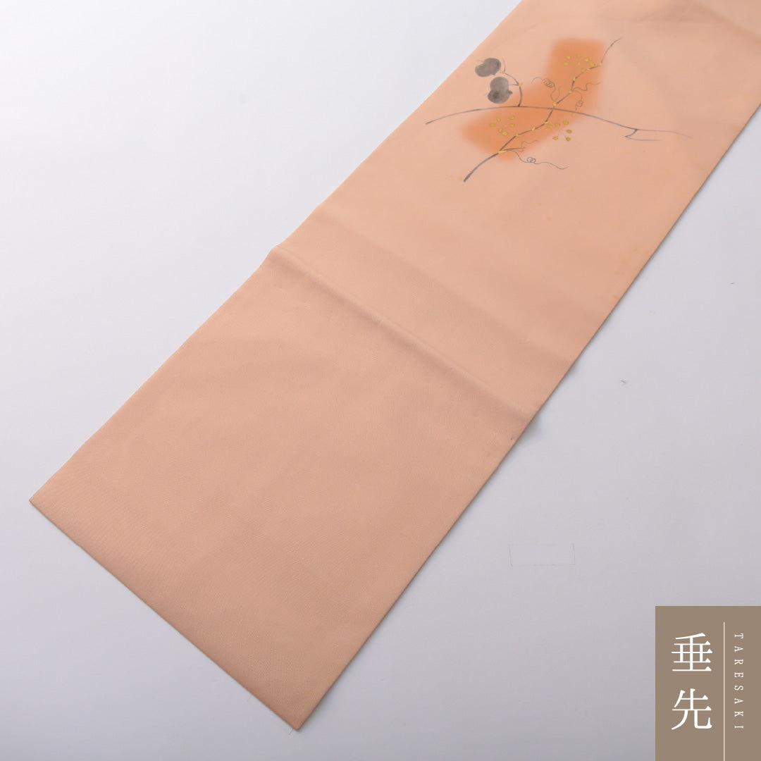 九寸名古屋帯 Cランク 帯丈353cm 正絹 ポイント柄 名古屋仕立て 染め インフォーマル 塩瀬 植物柄 ベージュ系 M4 1245-03631