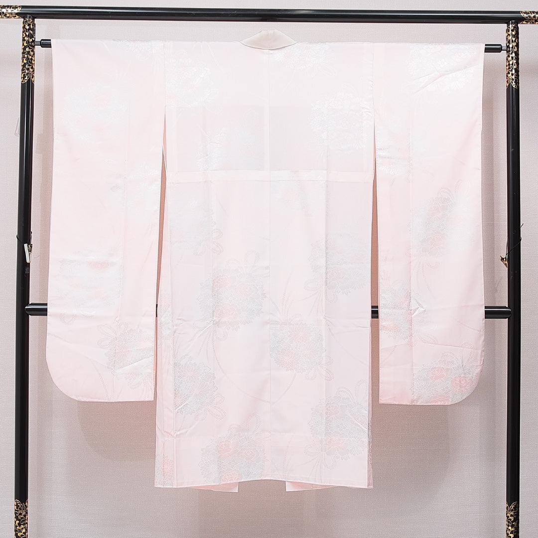 振袖用 長襦袢 無双袖 身丈128cm 裄丈62cm 正絹 Sランク Lサイズ 菊 ピンク系 RP 1240-15387
