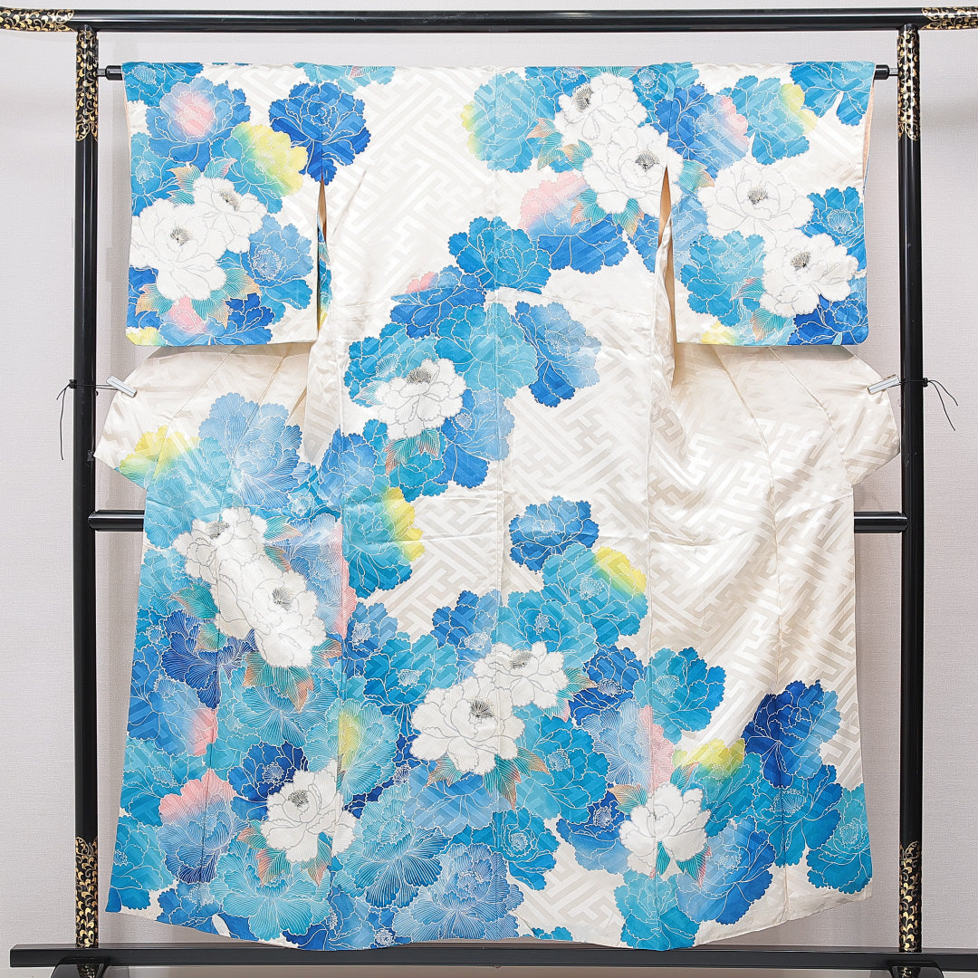 訪問着 袷 身丈154cm 裄丈63cm 正絹 Cランク Sサイズ 広衿 セミフォーマル 牡丹 金彩 クリーム系 水色系 1212-15755