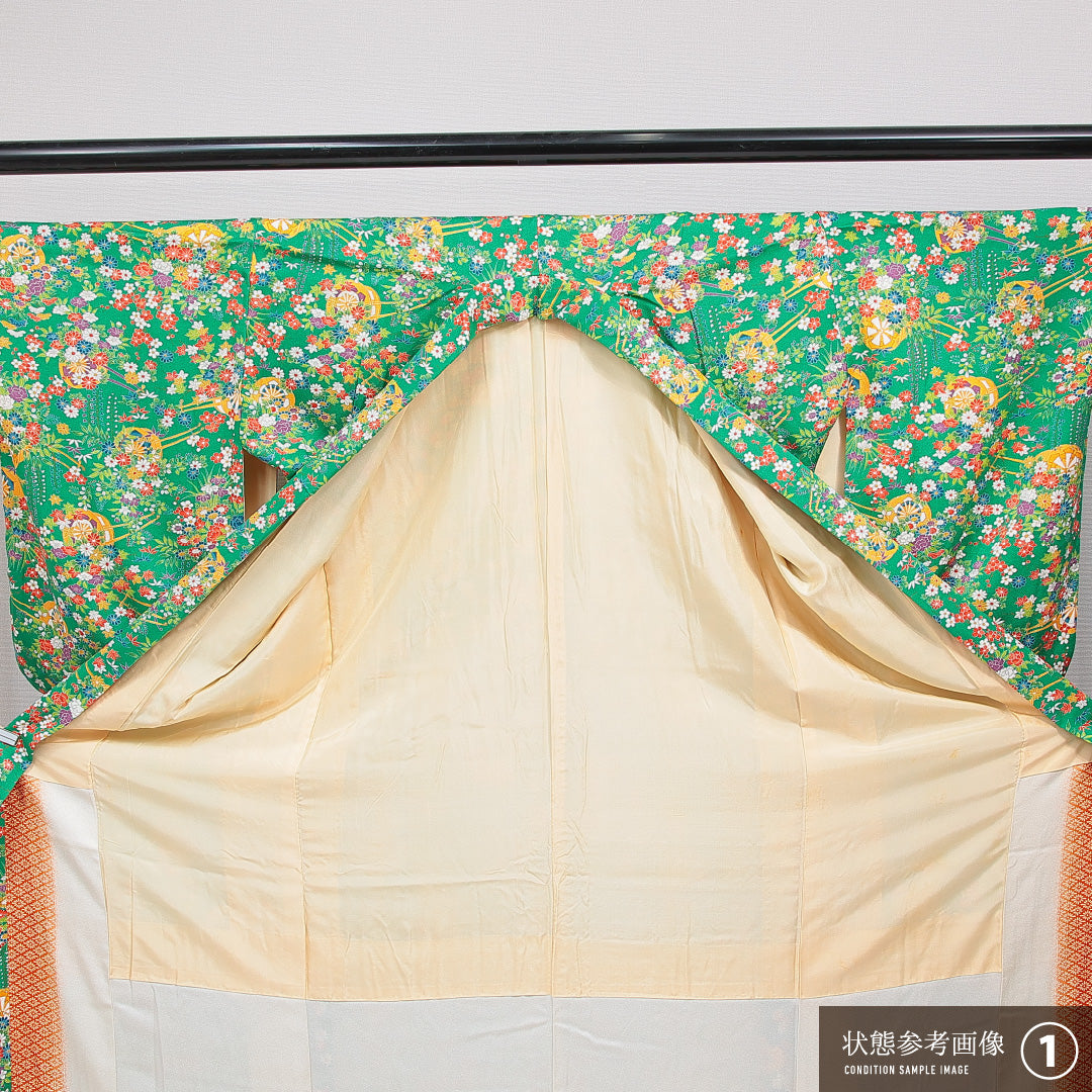 小紋 袷 身丈164cm 裄丈62cm 正絹 Sランク インフォーマル バチ衿 Lサイズ 花車 緑系 RP 1221-15342
