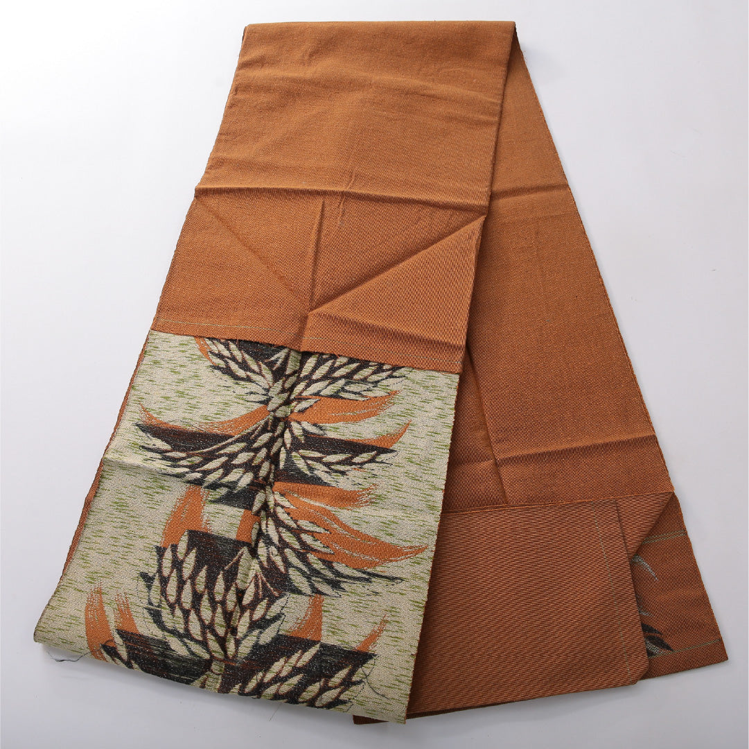 八寸名古屋帯(紬) 帯丈337cm カジュアル 松葉仕立て 六通 Cランク 正絹 竹 黄系 茶系 1224-03814