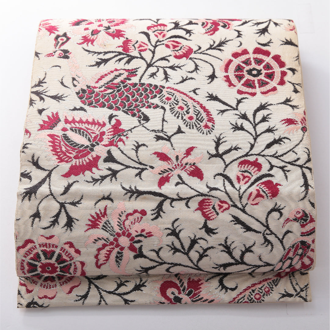 アンティーク 九寸名古屋帯】 帯丈354cm 全通 Cランク 正絹 孔雀 花柄