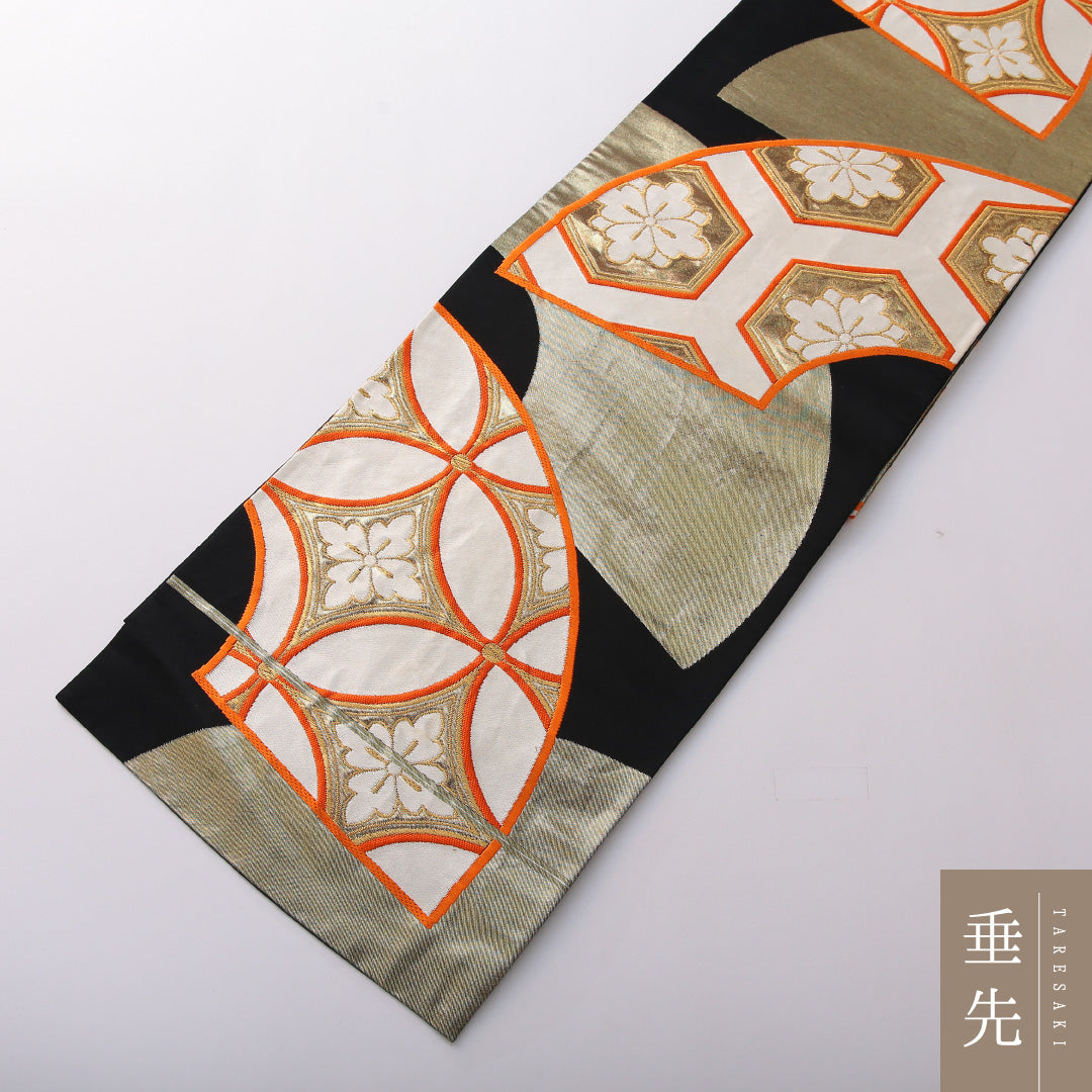 袋帯 帯丈428cm 正絹 六通 フォーマル 扇面文 七宝 吉祥文様 黒系 1243-02055