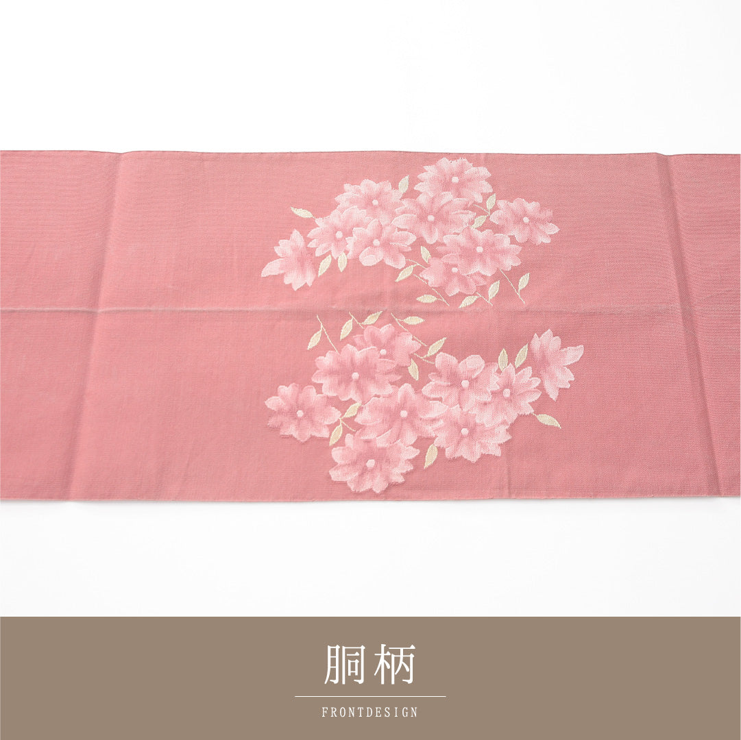 八寸名古屋帯 帯丈357cm カジュアル 松葉仕立て ポイント柄 Cランク 正絹 花柄 ピンク系 1224-04169