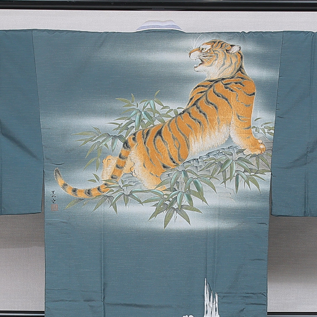 長襦袢 男性用 無双袖 身丈142cm 裄丈67cm 正絹 Cランク Lサイズ 落款 笹 虎 水色系 LP 1241-16719