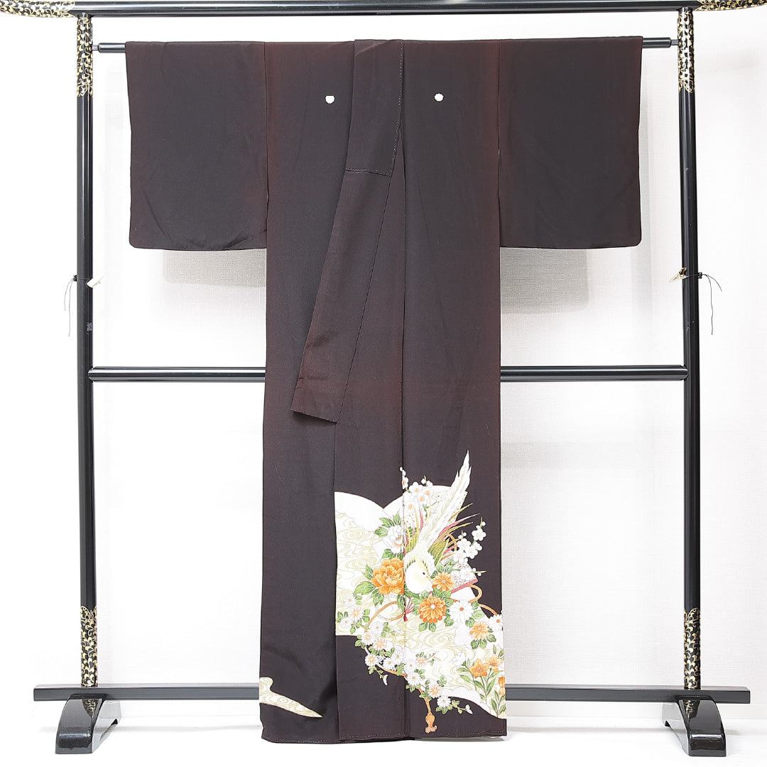 黒留袖 袷 身丈161cm 裄丈63cm 五つ紋 剣片喰 フォーマル Cランク Lサイズ 正絹 比翼仕立て 広衿 鳥 牡丹 刺繍 1211-F0709