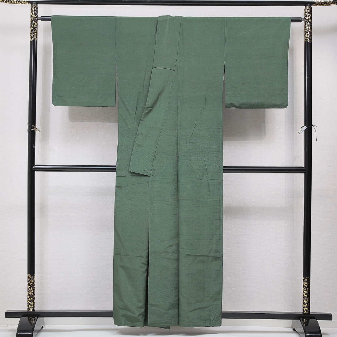 色無地(紬) 袷 身丈159cm 裄丈65cm 正絹 Cランク Mサイズ 広衿 インフォーマル 無地 緑系 1214-15609