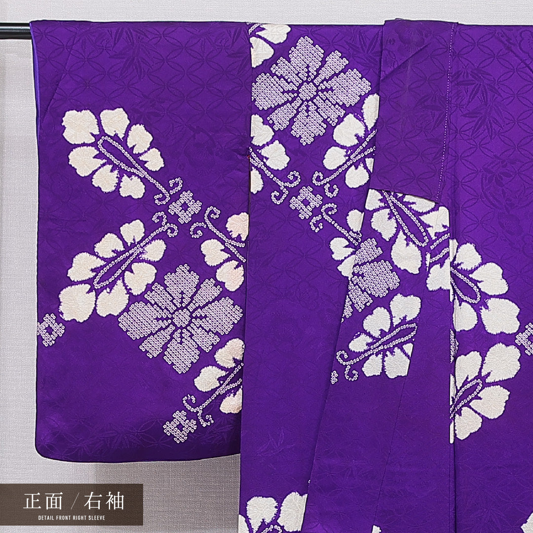 アンティーク 小紋 袷 身丈156cm 裄丈62cm 正絹 Bランク Mサイズ 広衿 一つ紋(剣片喰) 紋意匠 七宝 菊 紫系 1215-15519