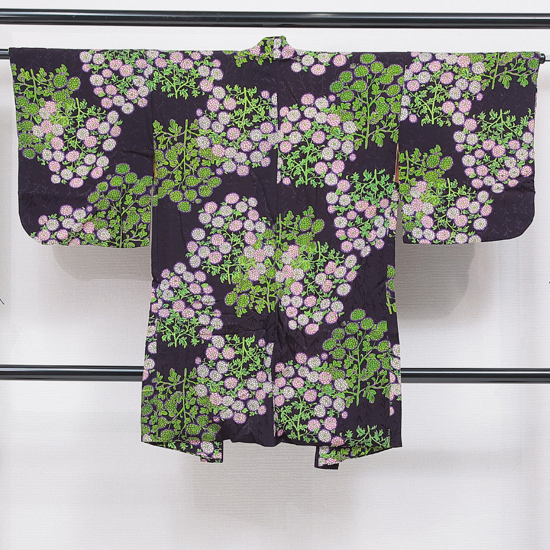 アンティーク 羽織 袷 身丈97cm 裄丈63cm 正絹 Bランク Sサイズ ちりめん 菊 紫系 1217-16821