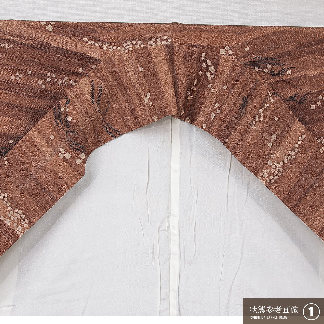 小紋 袷 身丈156cm 裄丈63cm 正絹 Aランク インフォーマル 広衿 Mサイズ 植物柄 茶系 RP 1221-15217