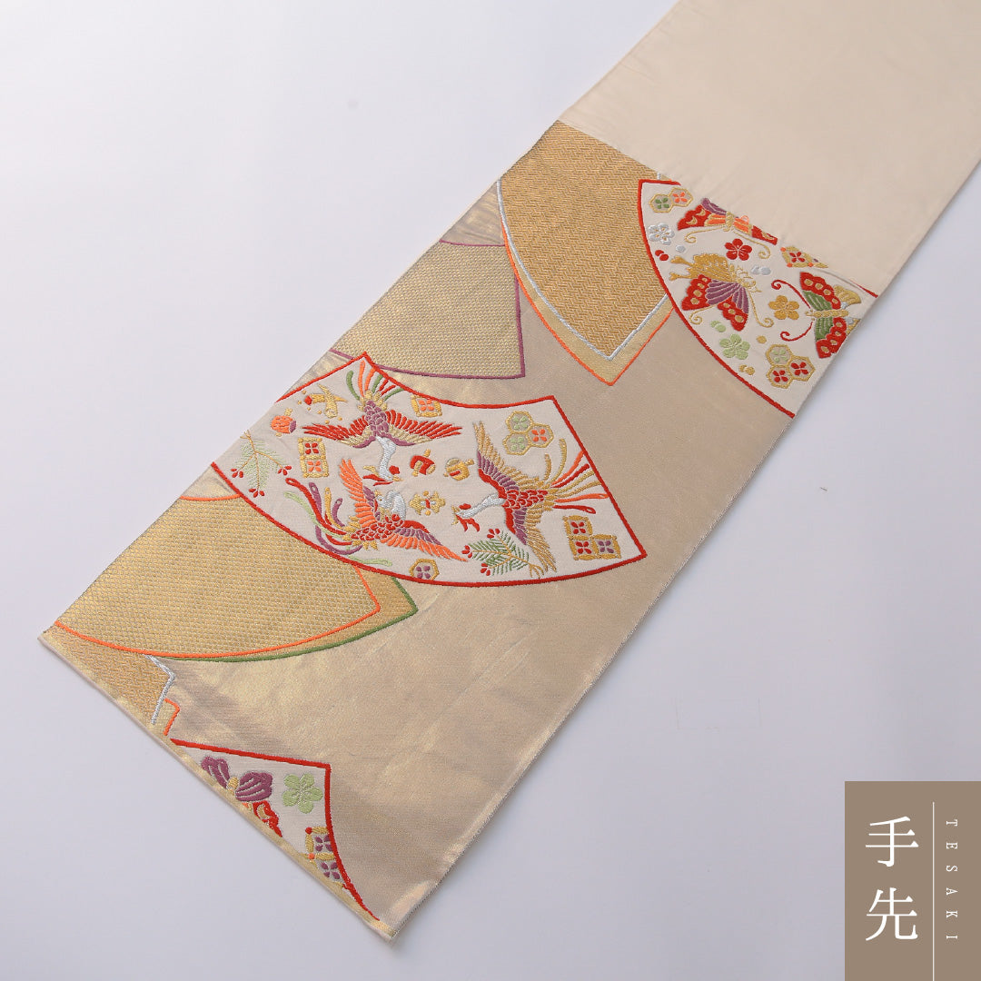 袋帯 帯丈428cm 正絹 六通 フォーマル 扇面文 鳳凰 金系 1243-01935