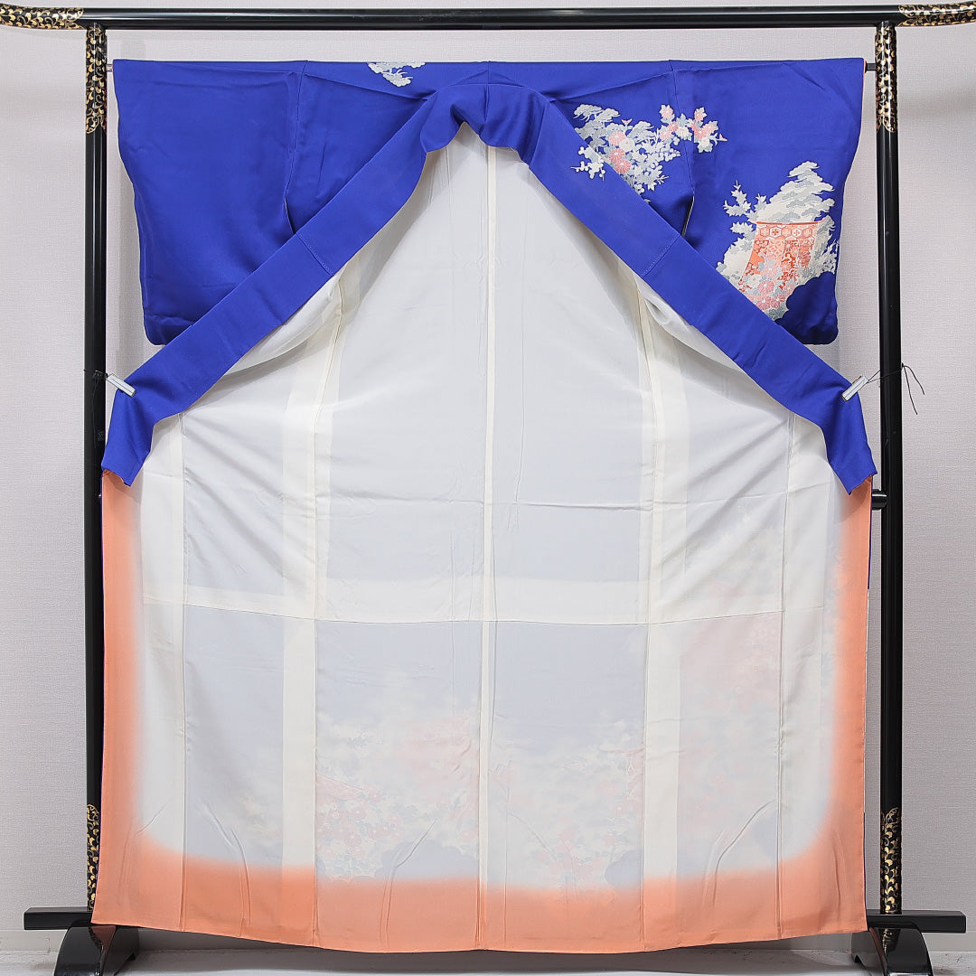 訪問着 袷 身丈166cm 裄丈66cm 正絹 Sランク XLサイズ 広衿 セミフォーマル 几帳 梅 松 青系 1212-15749