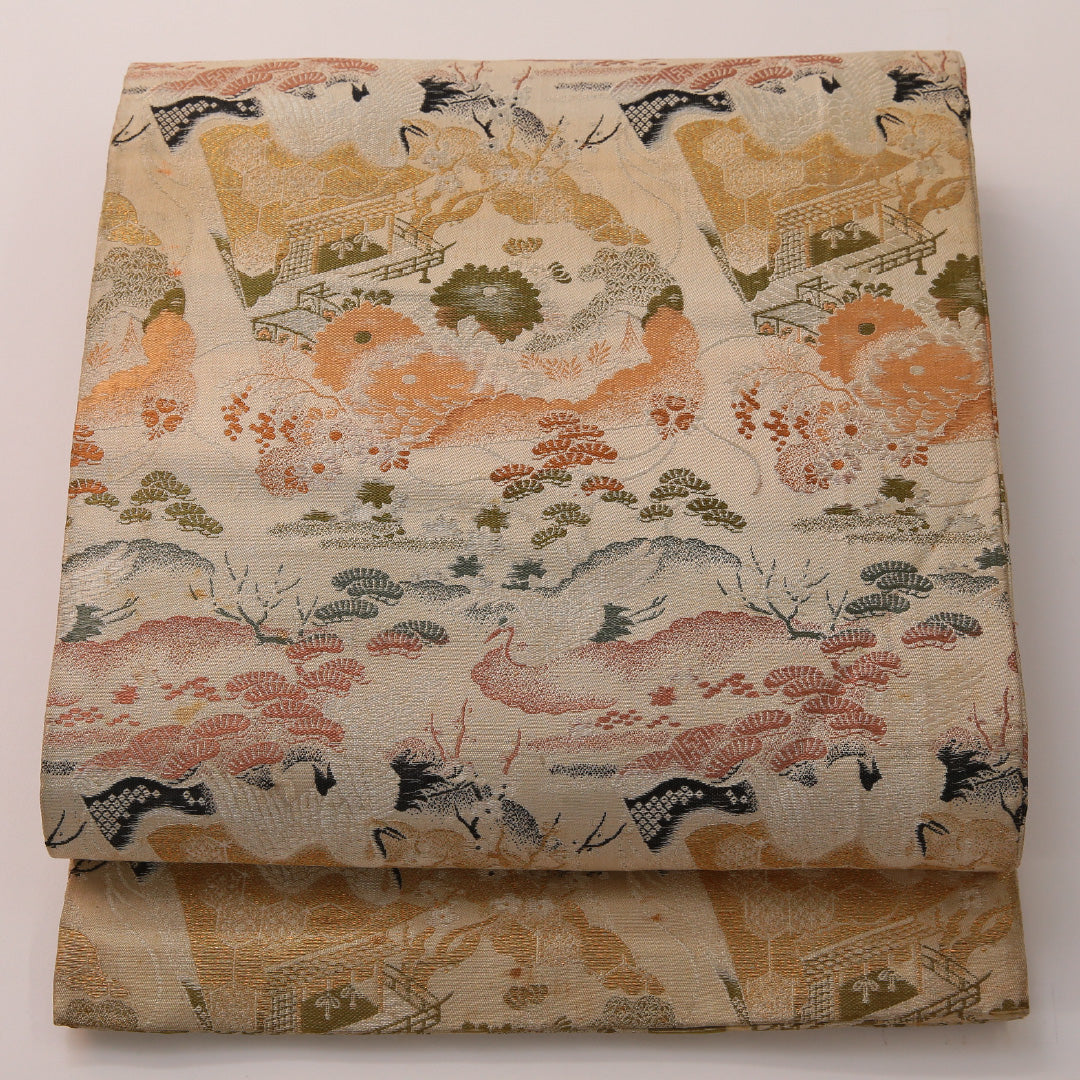 アンティーク 袋帯 帯丈400cm 全通 Cランク 正絹 御所解 松 クリーム系 金系 1223-01911