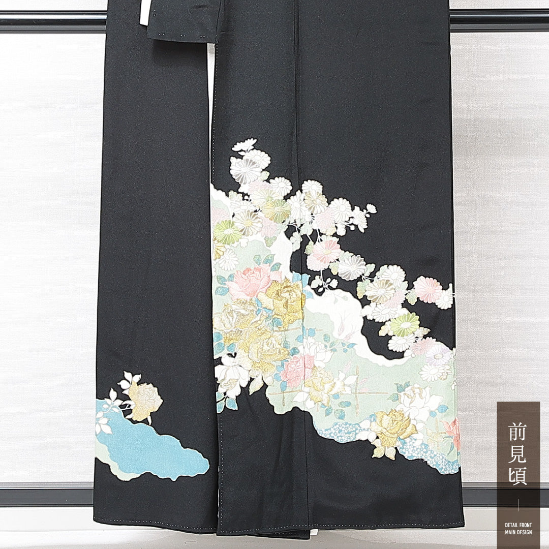 黒留袖 袷 身丈156cm 裄丈62cm 五つ紋 菊菱 フォーマル Cランク Mサイズ 正絹 比翼仕立て 広衿 菊 刺繍 1211-F0699