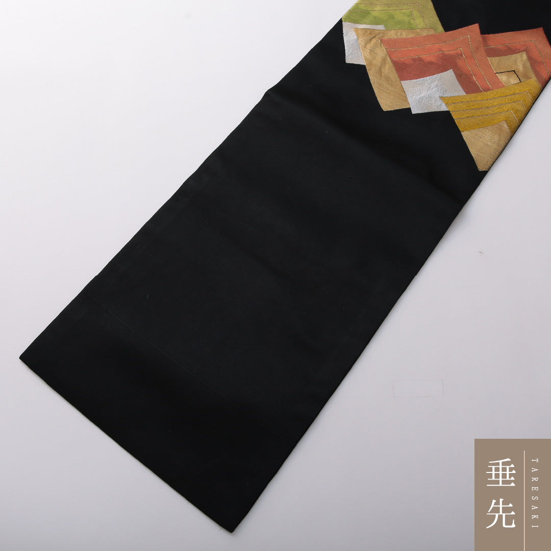 九寸名古屋帯 帯丈355cm カジュアル 名古屋仕立て ポイント柄 Sランク 正絹 創作柄 黒系 1224-03507