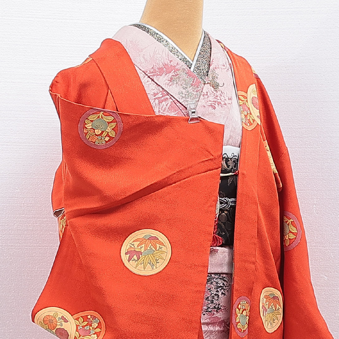 羽織 袷 身丈79cm 裄丈65cm 正絹 Sランク カジュアル Mサイズ 紐あり 花柄 丸文 朱系 RP 1232-16128