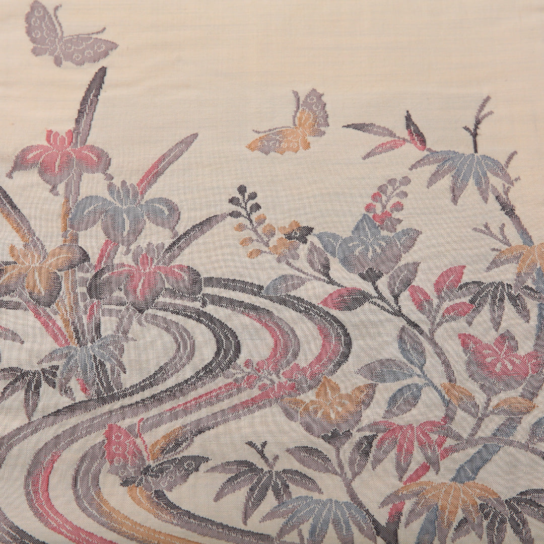 九寸名古屋帯 帯丈350cm セミフォーマル 名古屋仕立て ポイント柄 Cランク 正絹 蝶 流水 花柄 クリーム系 1224-03608