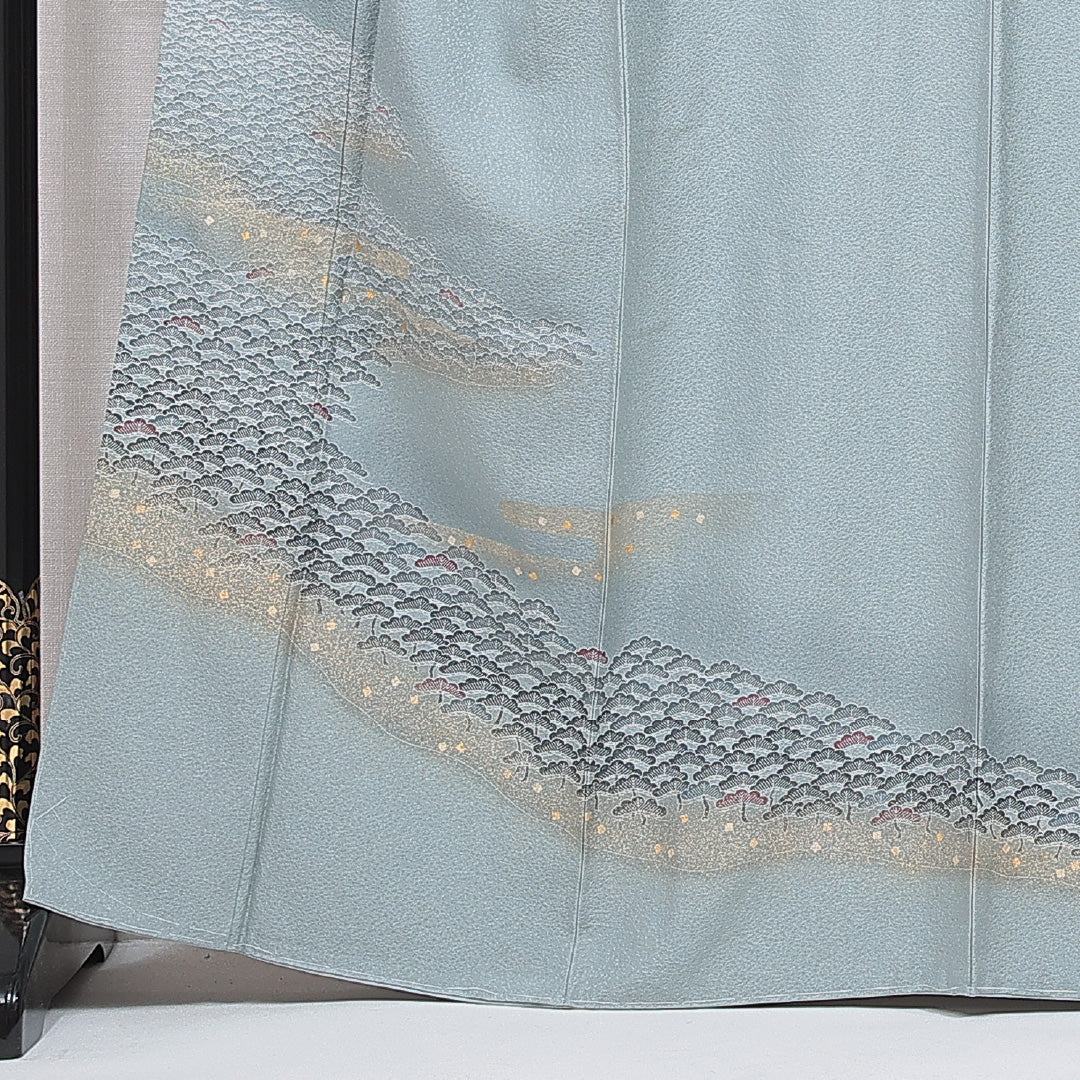 訪問着 袷 身丈164cm 裄丈66cm 正絹 Sランク Lサイズ 広衿 セミフォーマル 笠松 金彩 水色系 1212-16661