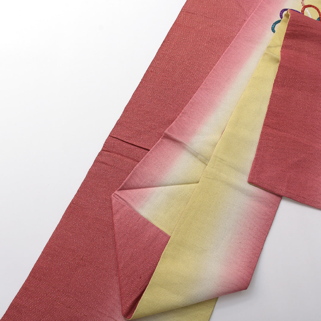 アンティーク 九寸名古屋帯 帯丈363cm 名古屋仕立て ポイント柄 Aランク 正絹 銀駒刺繍 組紐 ピンク系 黄系 1224-03710